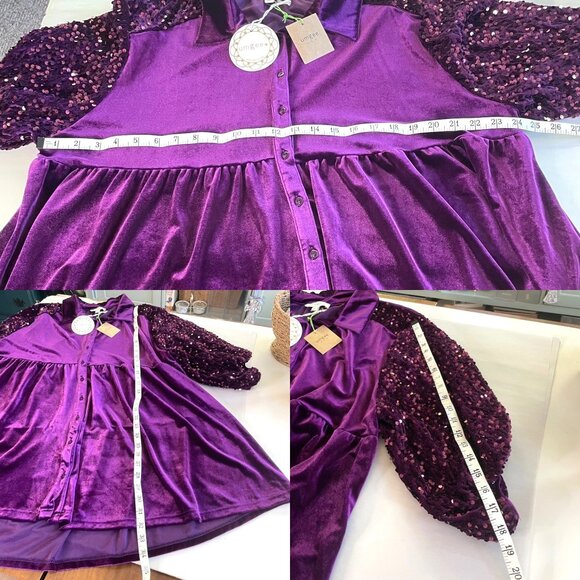 New Umgee Purple Velvet Button Down Tunic Sequined Balloon Sleeves Womens Sz 1XL - Picture 7 of 8
